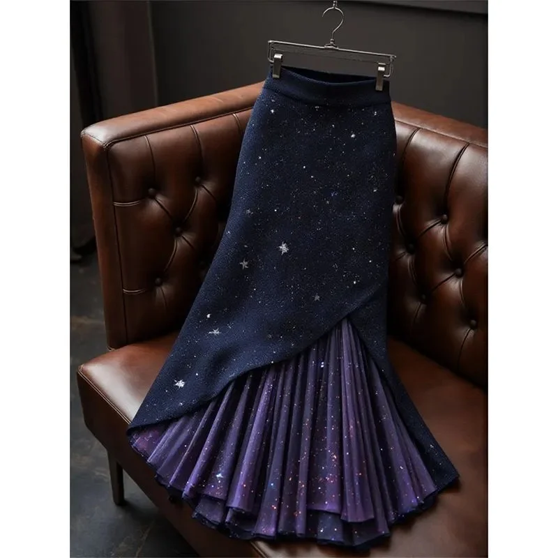 

Новая элегантная модная вечерняя юбка с блестками, женская лоскутная плиссированная юбка-русалка с высокой талией, весна-осень