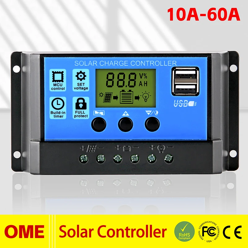 XIONGISOLAR PWM Solar PV Charge and Discharge Controller 60A 50A 40A 30A 20A 10A 12V 24V Auto LCD Regulator with Dual USB