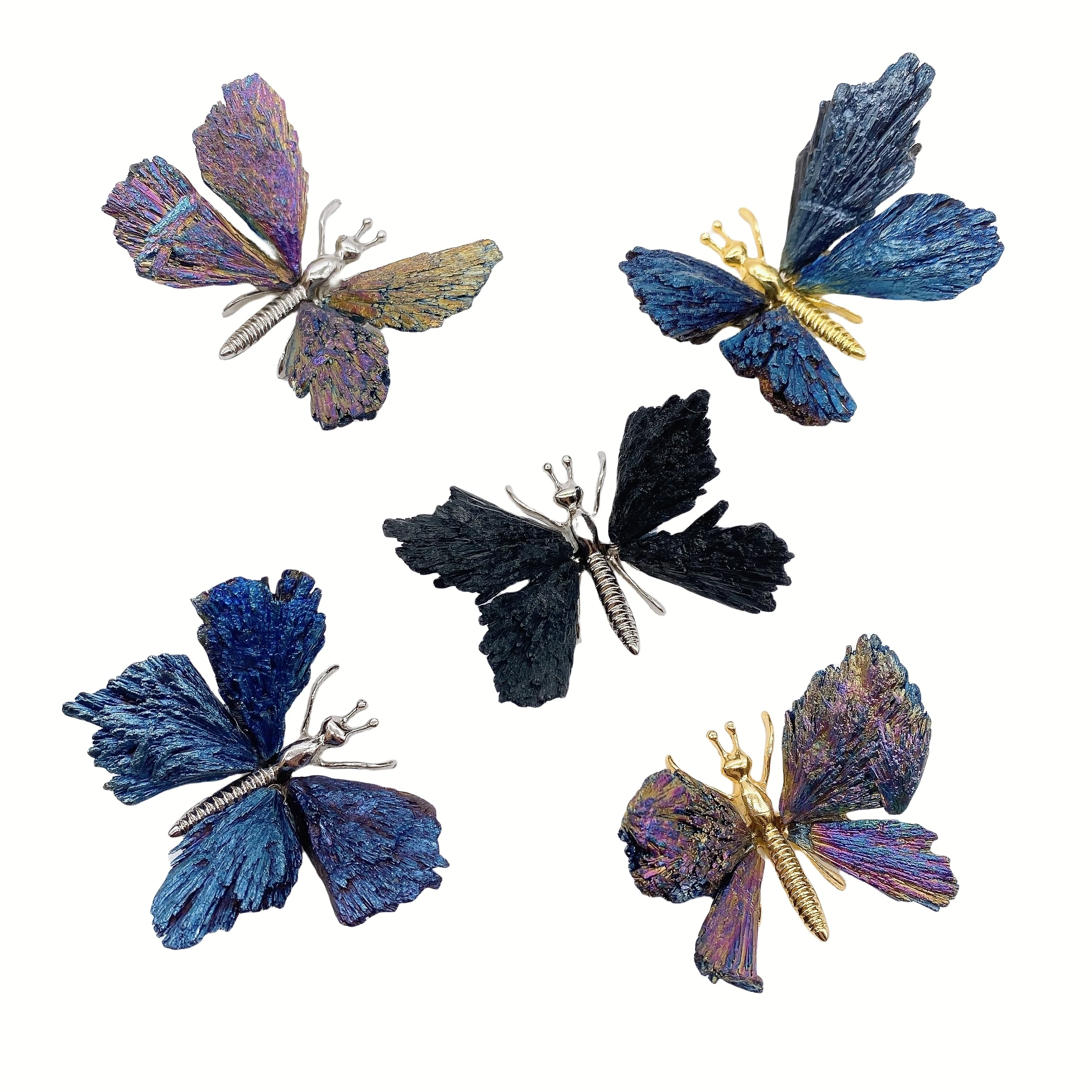 Natural Black Tourmaline Electroplating Butterfly Spar Crafts Color Plating Crystal Butterfly Animal Statue Ornaments Home Decor