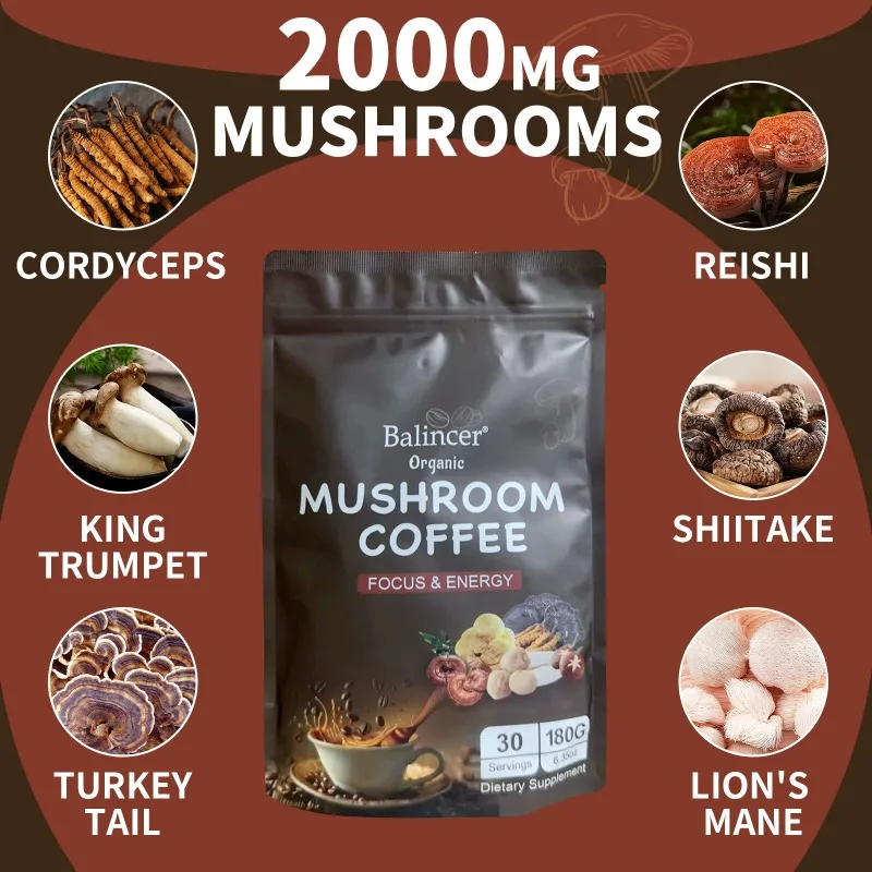 Balincer - 6 in 1 Organic Mushroom Coffee 180g, Supports Focus, Energy, Immunity, Concentration