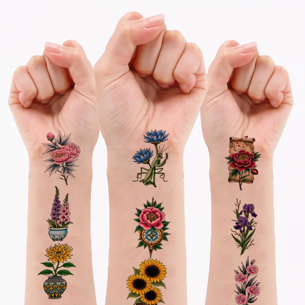 

63pcs Temporary Tattoo Floral Patterns New School Traditional Plant Decorations Waterproof Long-lasting Body Stickers For Men