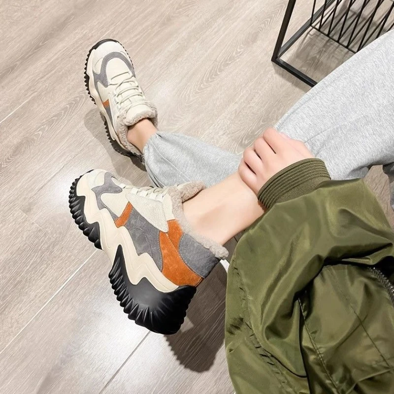 

2025 Women's Winter Boots Thick Sole Height Increasing Fleece Lined Warm Chunky Sneakers Casual Sport Shoes Ins Style Dad Shoes