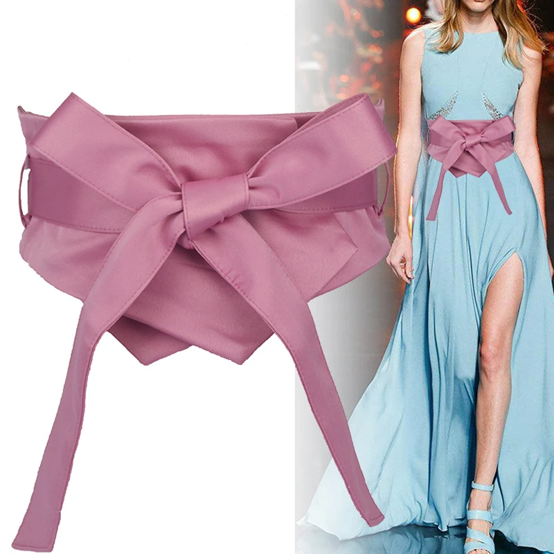 Women Wide Waist Belt with Tie Bow Elegant Self Tie Wrap Around Obi Bowknot Waistband Corset Shirt Dress Decor Girdle Belt