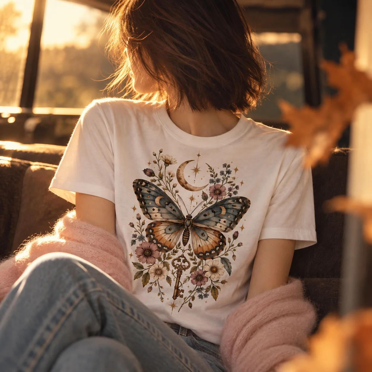 100% Cotton Vintage Celestial Butterfly Floral Moon Key Graphic T-Shirt, Witchy Cottagecore Tee For Casual Daily Wear