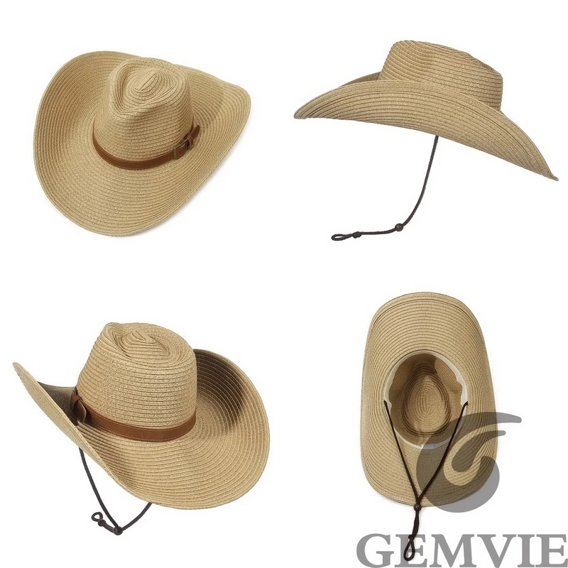 GEMVIE Western Large Brim Cowboy Hat Women Men Summer Cowgirl Hat with Windproof String Sun Beach Hats