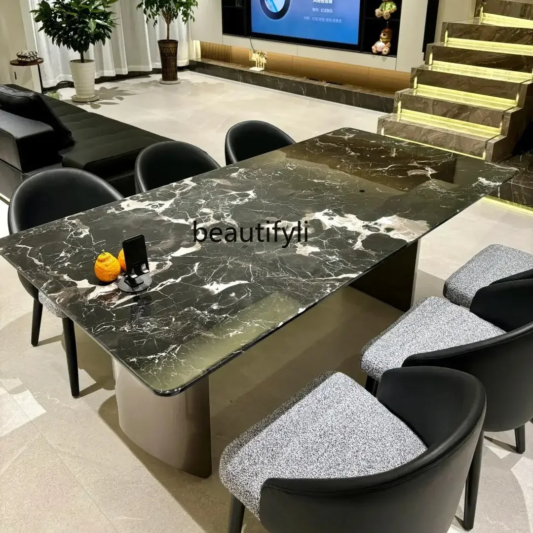 

Black rose luxury stone dining table imported natural marble rectangular light luxury high-end dining table9344