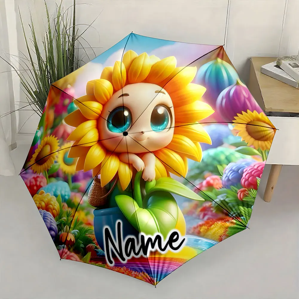 Custom Name  Colorful Sunflower Character Umbrella Design Print 8 Iron Ribs Folding Umbrella Auto-Open Fashion Sunshade