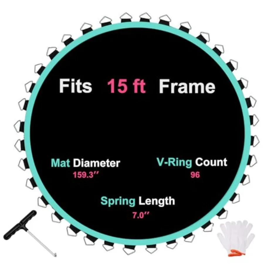 Trampoline Replacement Mat for 15 Ft Frame with 96 V-Hooks UV-Resistant Polypropylene Black Includes Installation Tool