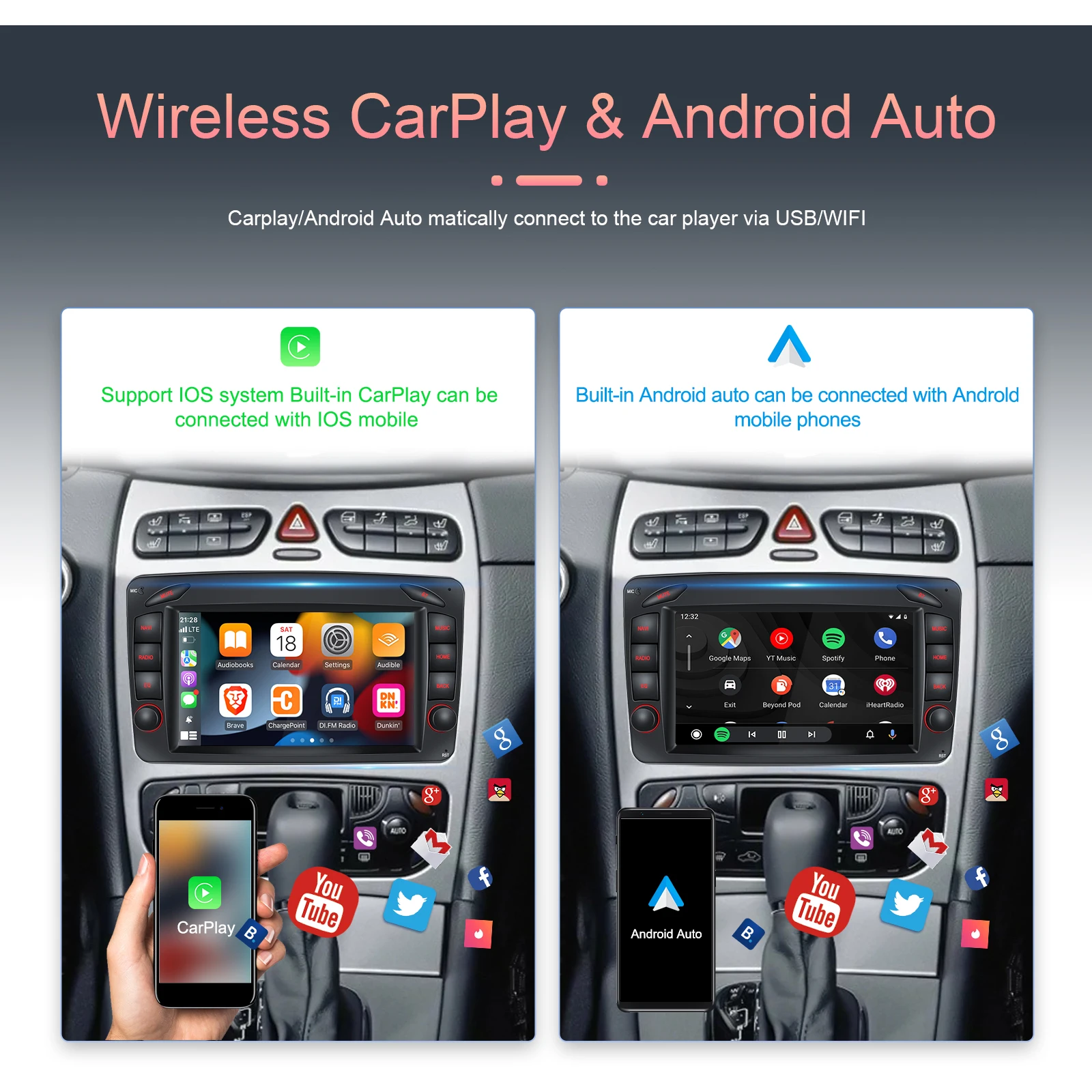 for Podofo Android  Car Stereo Radio 2+32G 7'' Carplay Android Auto GPS RDS HIFI with AHD Camera For Mercedes-Benz W209