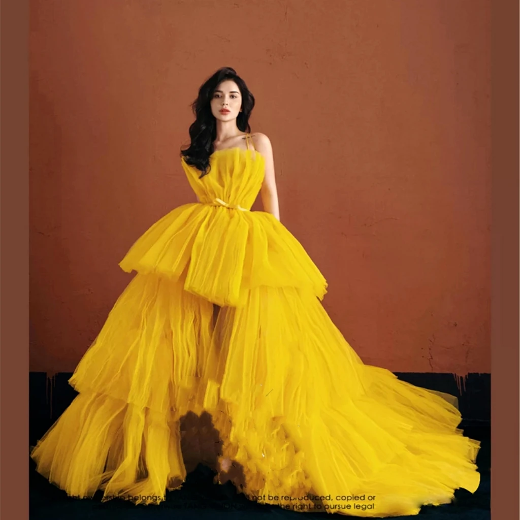 

Sexy Yellow Cocktail Dresses Pleated Wrinkled Strapless Sleeveless Puffy Ball Gown Luxuey Wedding Formal Prom Evening Gowns 2024