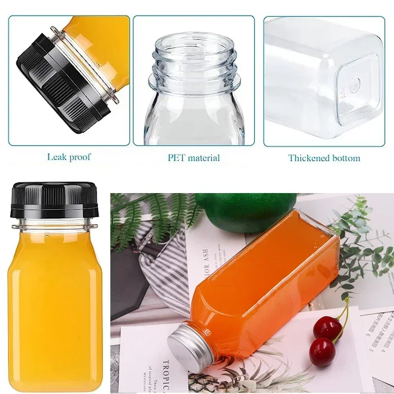 10pcs 60-500ML Empty Clear Plastic Bottles with Caps Reusable Water Bottle Juicing Smoothie Smoothie Containers W/Folding Funnel