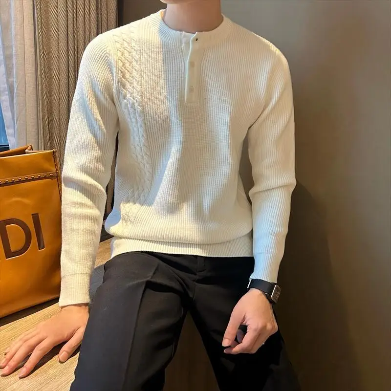 Solid color Henry collar men's cashmere sweater jacket twist design warm slim Joker sweater