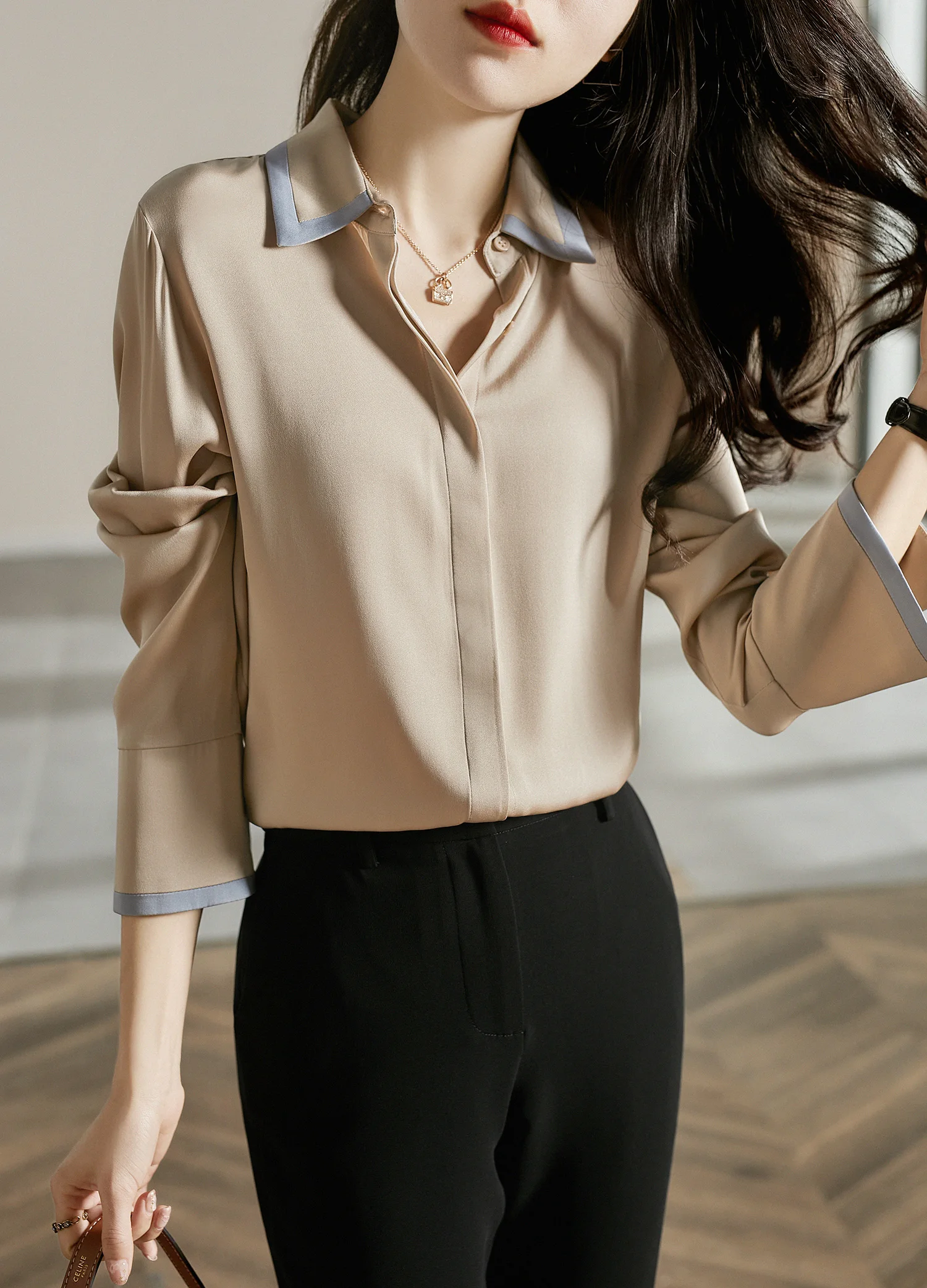 BirdTree,Women Long Sleeve Lapel Solid,French OL Commute Blouses,92%Mulberry Silk Elegant Shirt,2024 Summer Autumn T47810QC