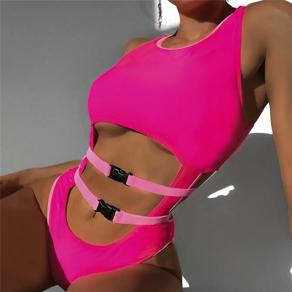 Sexy Rose Red Hollow Out Monokini Swimsuits Woman 2025 One Piece Swimwear Bandage Belt Buckle High Cut Bathing Swimming Suit