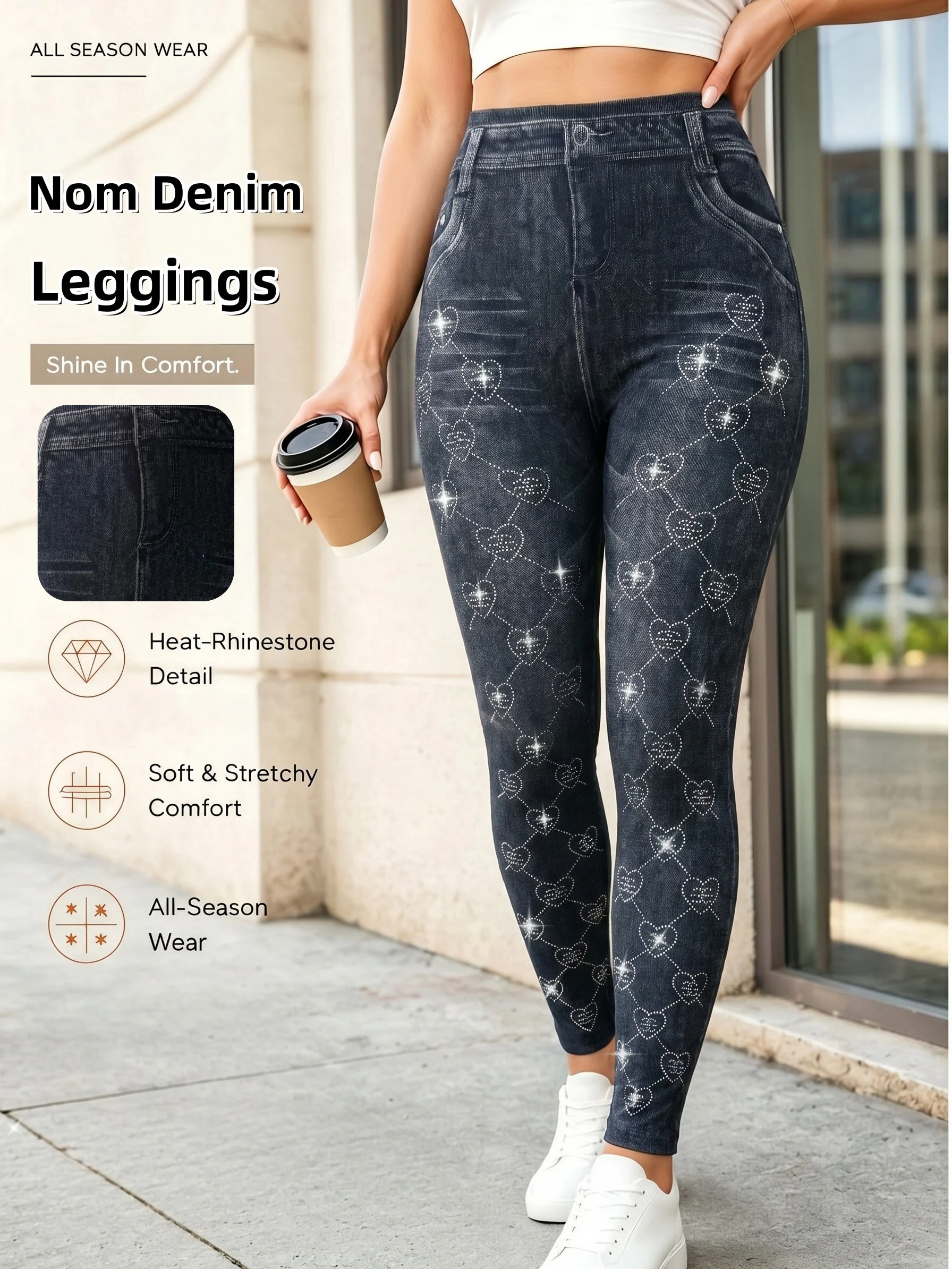 Women's Dark Heart Lattice Rhinestone Faux Denim Ankle Leggings Sweet Sparkling High Stretch Trousers