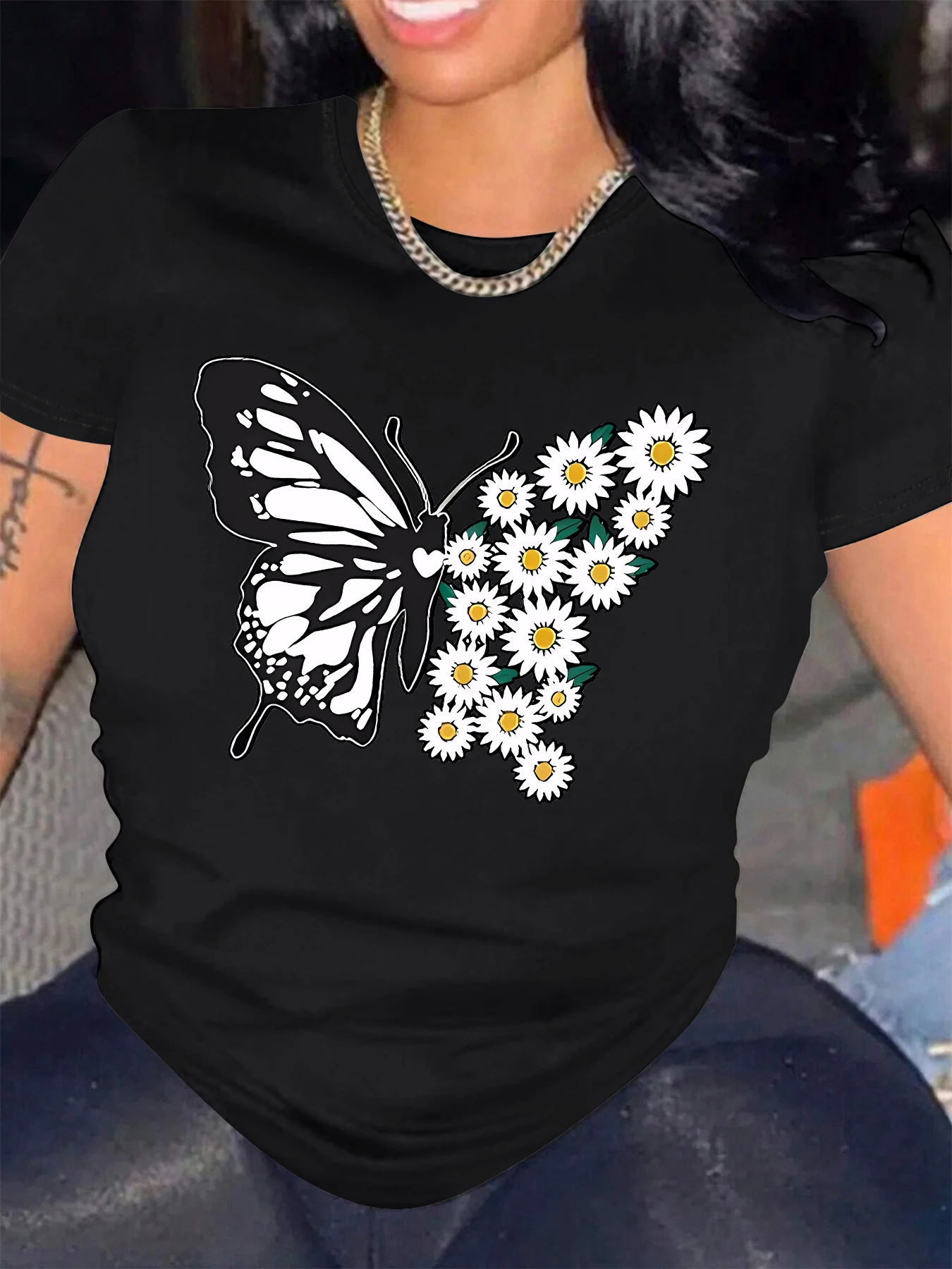 Floral And Butterfly Print Crew Neck T-shirt New Style Short Sleeve Casual Female Top For Spring & Summer Women\'s Clothing