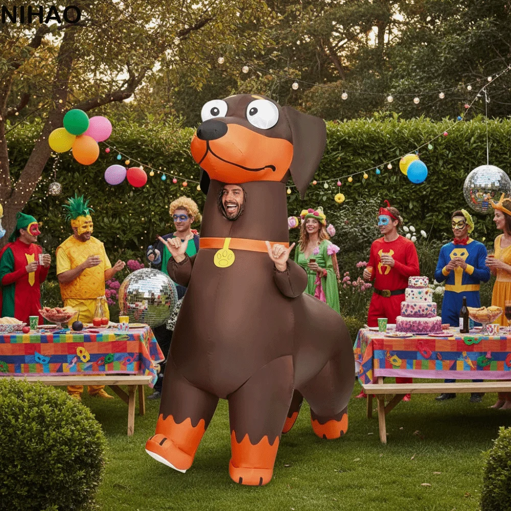 

Cartoon Inflatable Sausage Dog Costume Funny Waterproof Cute Sausage Dog Inflatable Suit Detachable Fan Full Body Jumpsuit