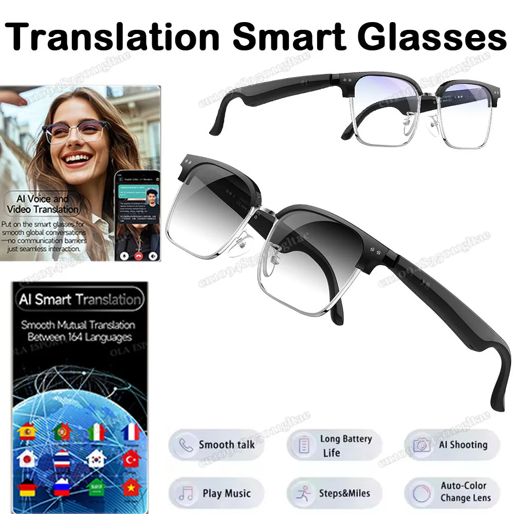 

Women Men Smart Glasses 100+ Languages Translation Glasses UV Anti Car Mount Sunglasses Waterproof Sports Music Player Glasses