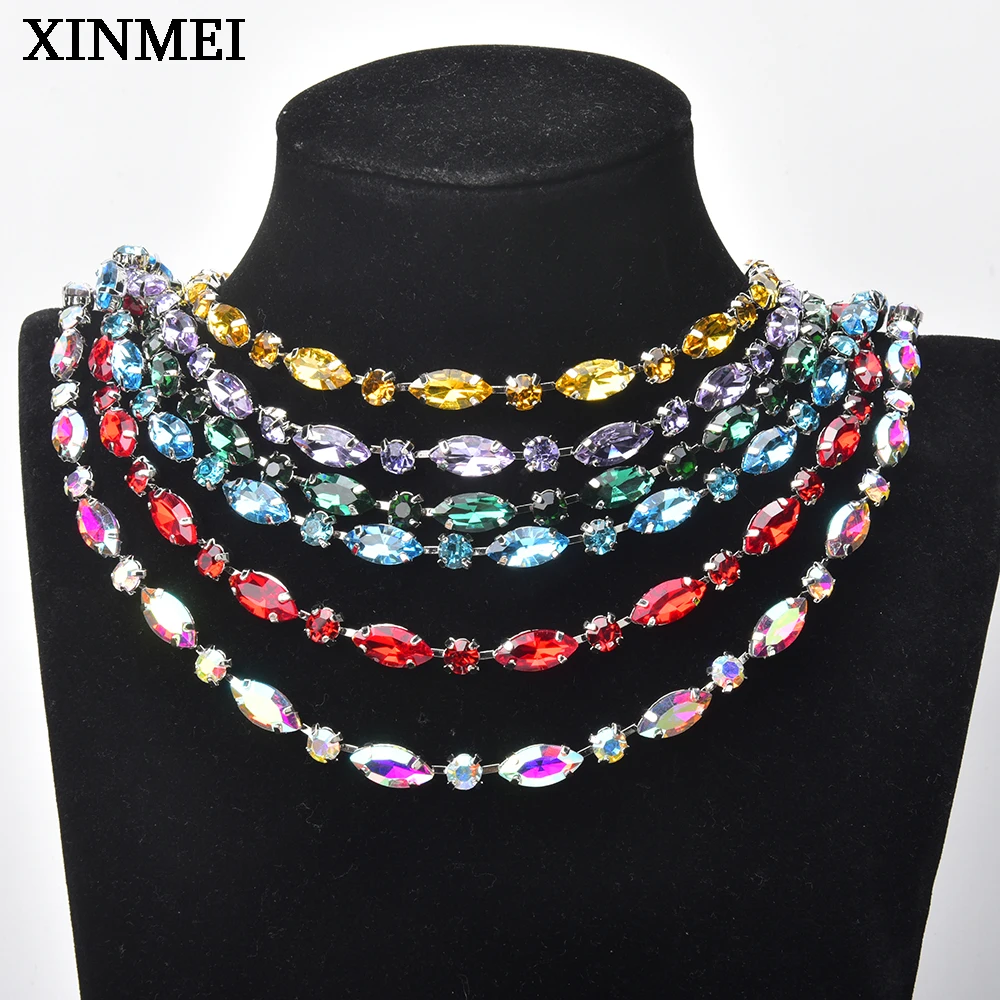 1 Meter Horse Eye Rhinestone Trim Bling Colorful Leaf Crystal Chain Applique Sew on Collar Wedding Dress Shoes Accessories