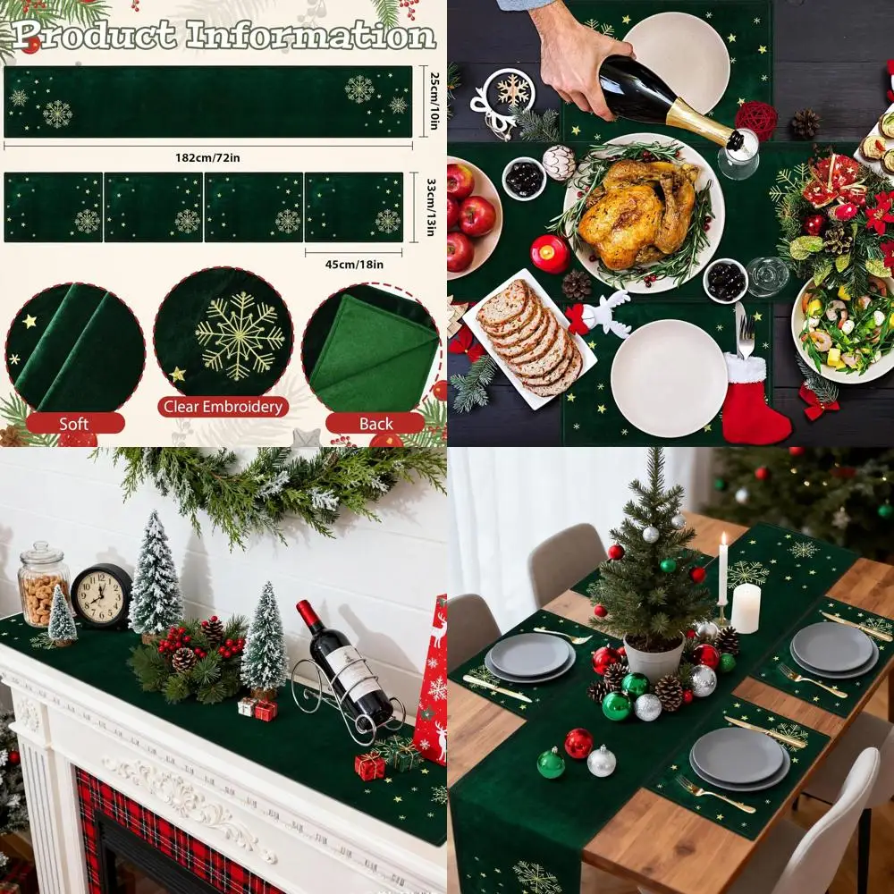 

Green & Gold Embroidered Holly Leaf Christmas Velvet Table Runner & Placemats Set, 10x72 Inches for Elegant Holiday Dining Decor