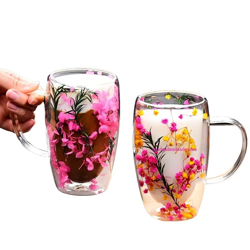 

Креативная двухслойная стеклянная чашка с настоящим цветком, устойчивая к высоким температурам чашка для воды, бытовая чашка для завтрака, молока, кофе, сувенир