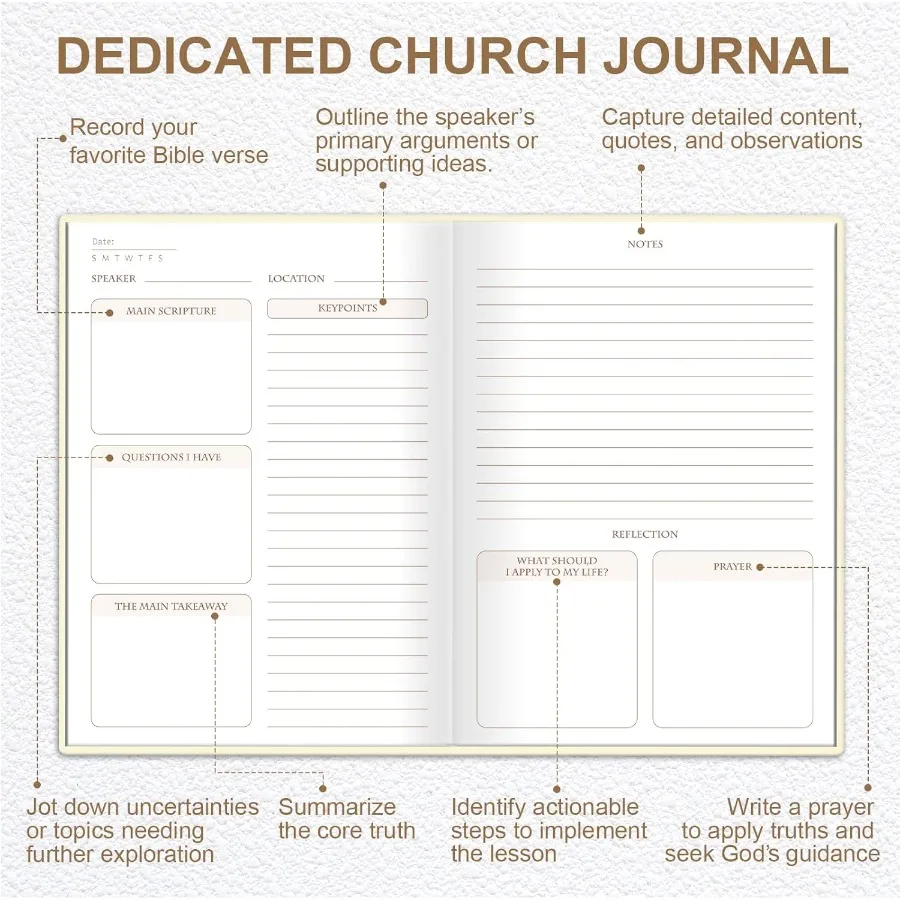 교회 노트 저널 설교 노트 기독교 노트북 린넨 성경 공부 저널 기도 저널 빈 노트북 주요 내용 작성용