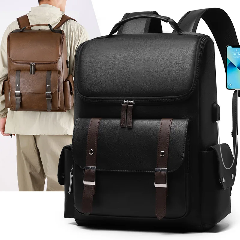 

Men‘s PU Leather Backpack - Multi Pocket Large Capacity Travel Bag， Casual Laptop Backpack for Business Trip