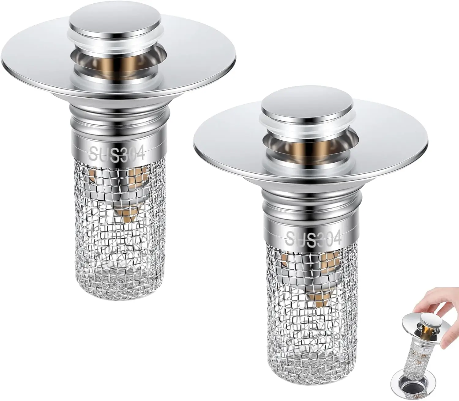 

Bathroom Sink Drain Strainer Pop-up Stopper with Removable 304 Stainless Steel Basket, Hair Catcher for Clog-Free Drain, 2 Pack