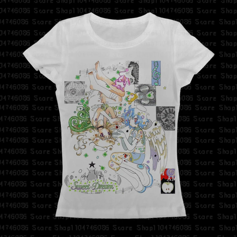 Vêtements de style coréen des années 2000, rétro des années 90 Emo, motif mignon Y2k, impression couleur, t-shirts Vintage Harajuku, T-shirt Slim à manches courtes