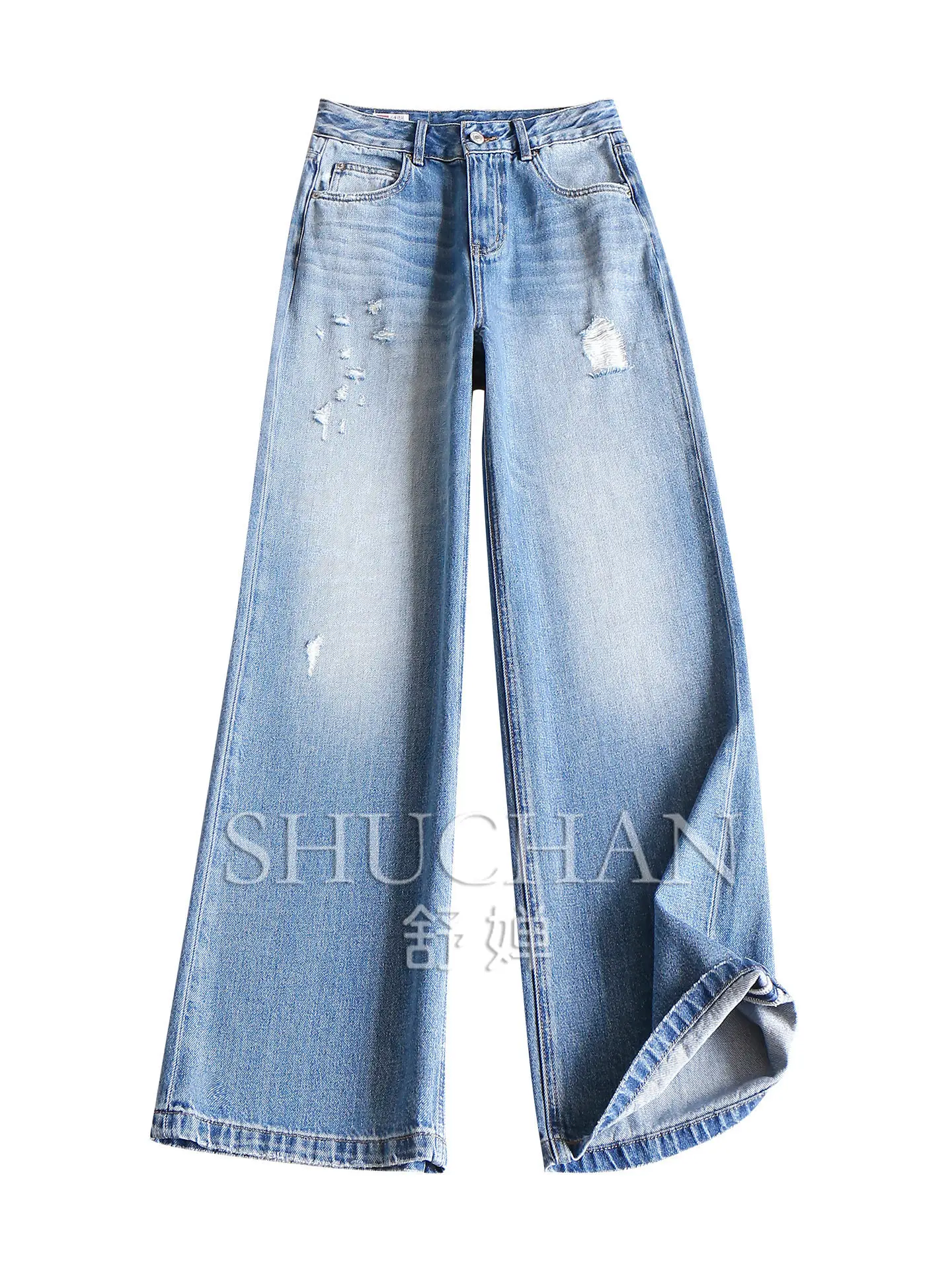 Long Legs Pants Vintage Blue High Waist 100 Cotton Ripped Denim Straight Wide Leg Pants Women 55G5