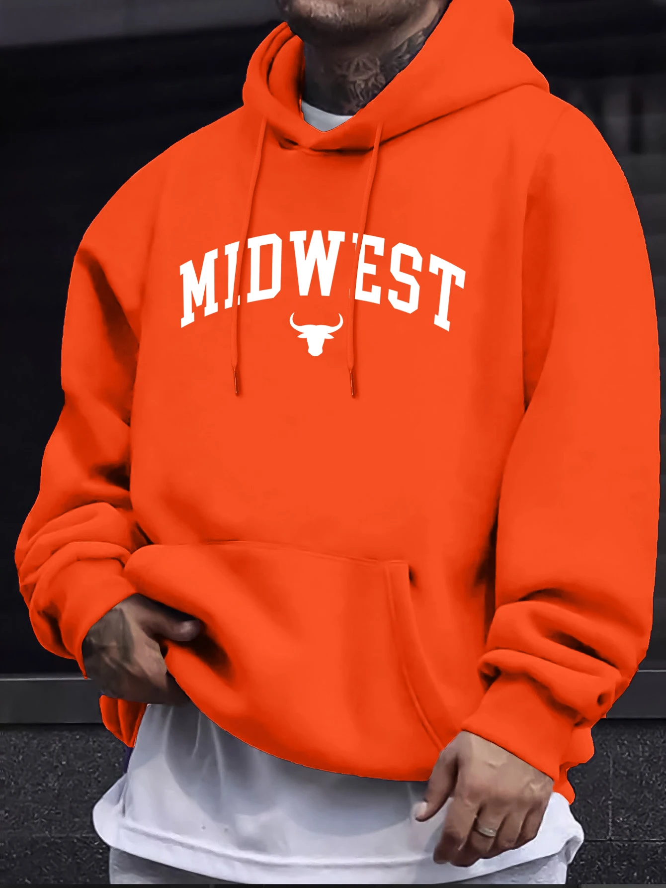 Midwest Letter And Bull'S Head Print Herren Pullover Bequemes Street Sweatshirt Herbst Fleece Sportswears Casual Basics Hoodie