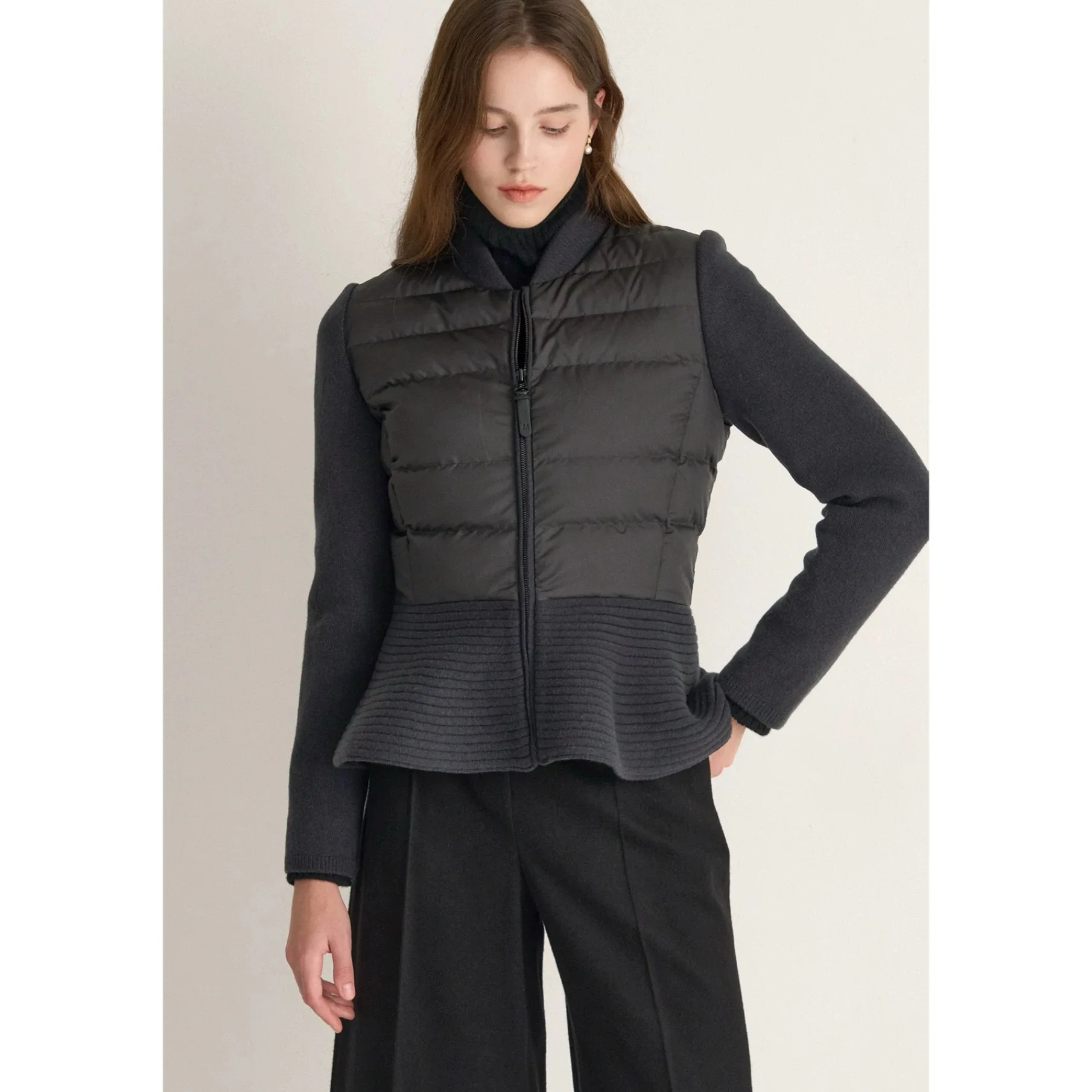 

Lemon Cheese MIN25 Winter Casual Knitted Splicing ort Goose down Jaet Women's Busin Sle Slim Fit Long Sve Zipper