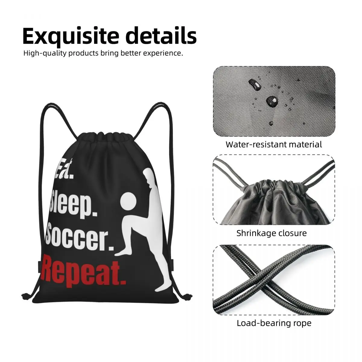 Eat Sleep Soccer Repeat Drawstring Backpack Sports Gym Bag for Women Men Funny Soccer Player Training Sackpack