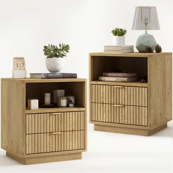 Image Nightstands Set of 2, Brown Night Stands with 2 Drawers and Open Shelves, Wooden Bedside Table Modern Design End Table