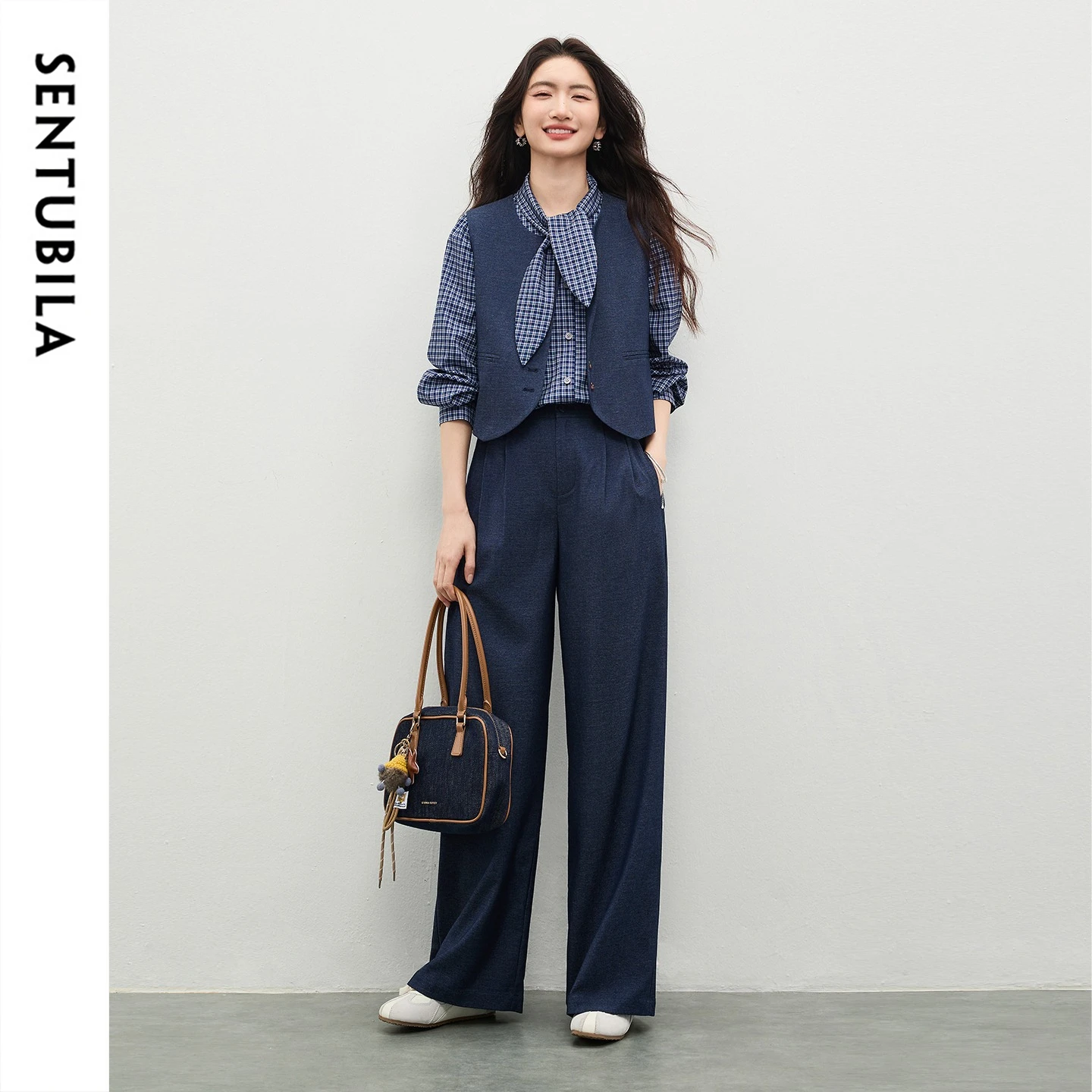 SENTUBILA Women 2026 Spring Office Outfits 2 Piece Pant Sets Nave Blue Waistcoat Pleated Pants Woman Clothing Sets 161ZA5824