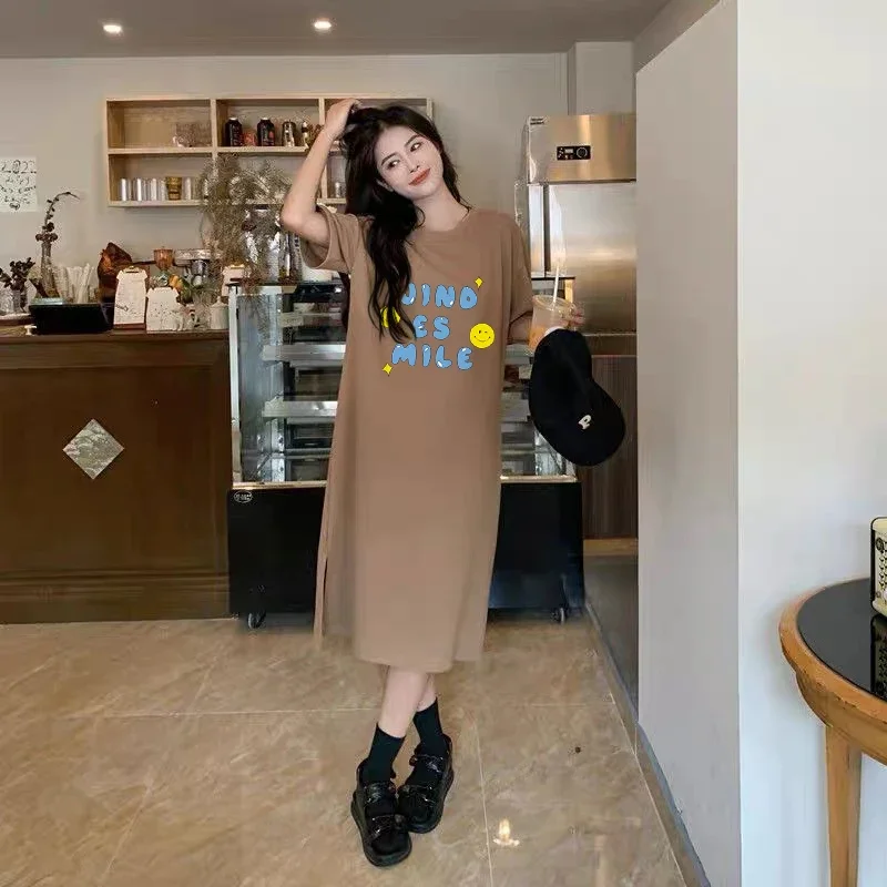 

Summer New Korean Style Fashion Plus Size Women Split Printing T-shirt Long Dress Long Below The Knee Girls' Dress
