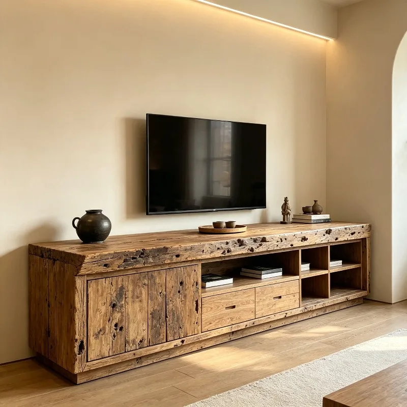 Solid wood log color living room floor-to-ceiling bedroom TV cabinet, household audio-visual cabinet