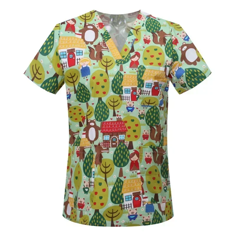 Medische Verpleegster Uniformen Vrouwen Mannen Print Scrub Shirts & Cap Klinische V-hals Blouse Bloemen Cartoon Pocket Scrubs Top Schoonheid Werkkleding