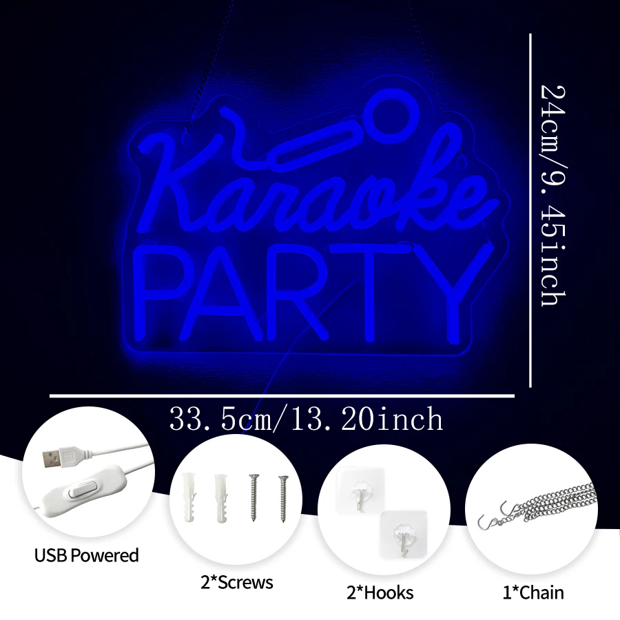Karaoke Party Led Neon Sign, Dark Blue Letter Luminous Icon, Beer Bar, Music Studio, Bedroom, Party, Club Decor, Usb Powered.
