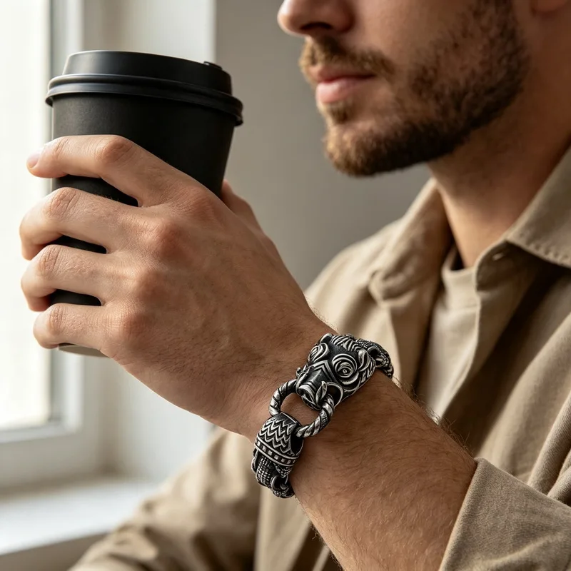 KALEN Men Antique Animal Head Stainless Steel Bracelet Vintage Carved Heavy Link Chain Statement Wrist Ornament Fashion Jewelry