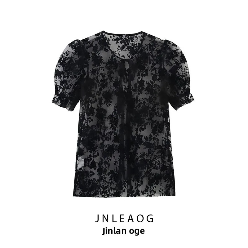 Csa de Veludo de Design Faion Primavera Nova para Mulheres com Decote Redondo e Manga Curta em Fibra de Poliéster Corte ...