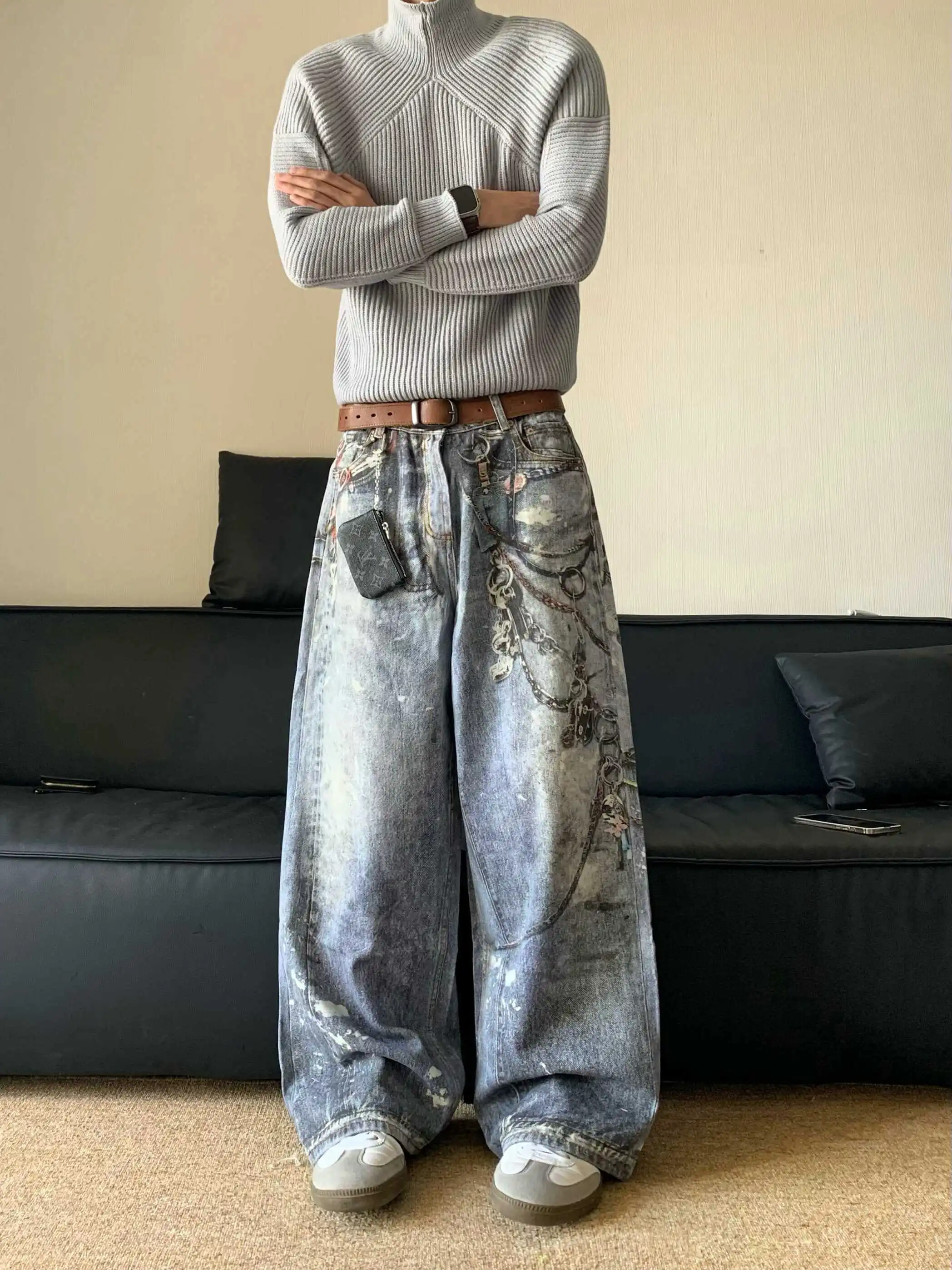 جينز ريترو أمريكي هاي ستريت ثلاثي الأبعاد مطبوع رقمي جينز فضفاض للنساء Sle تلاشى صبغ متشثر فضفاض مستقيم الساق جينز