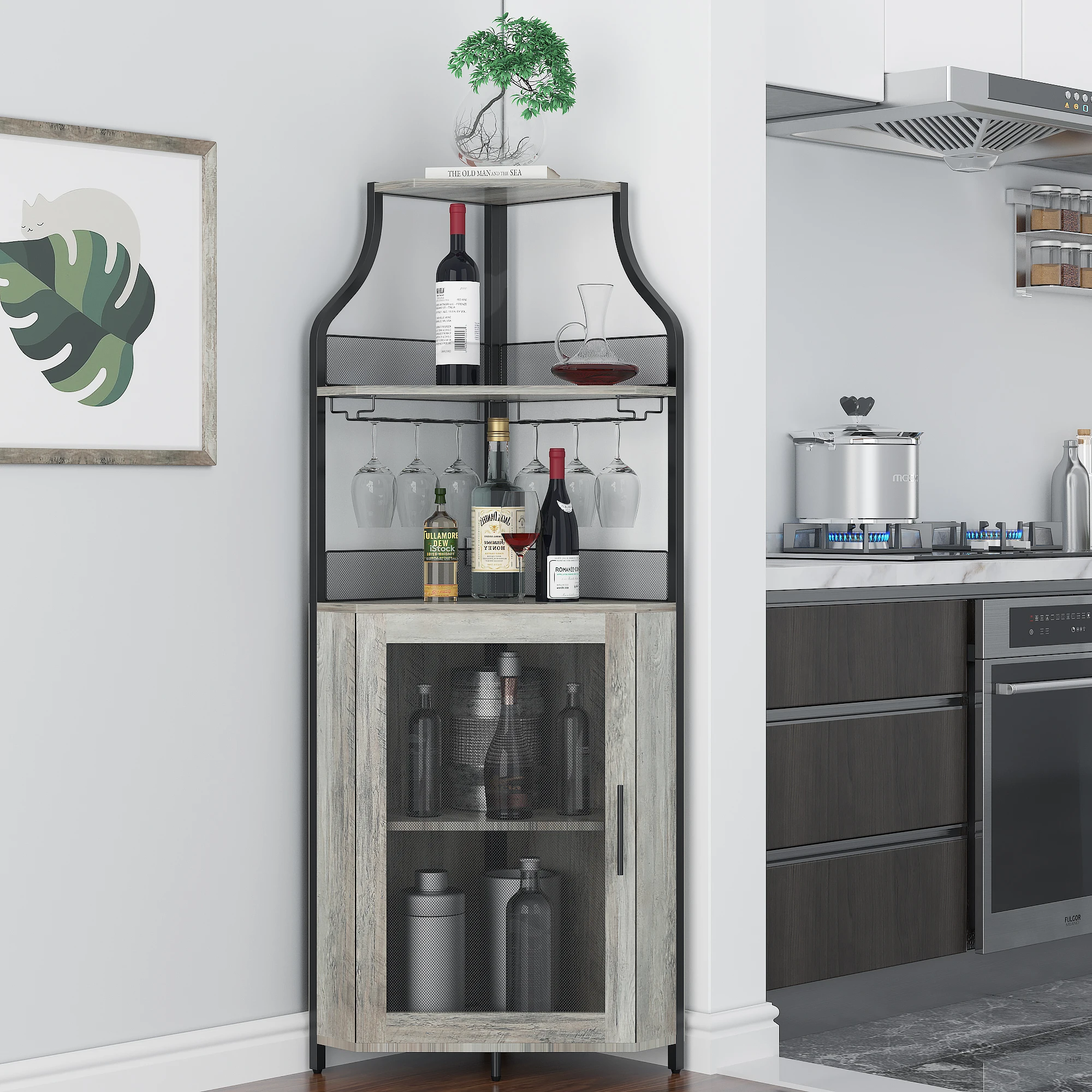 

Farmhouse Wine Bar Corner Cabinet with Storage, Small Buffet Sideboard with Detachable Rack and Buffet Mesh Door, Glass Rack