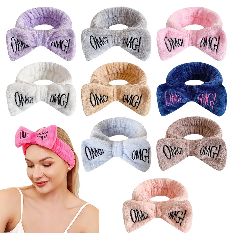 Makeup Headband for Women Solid Color Bowknot With OMG Embroidery Coral Fleece Spa Wash Face Remover Skincare Hair Accessories