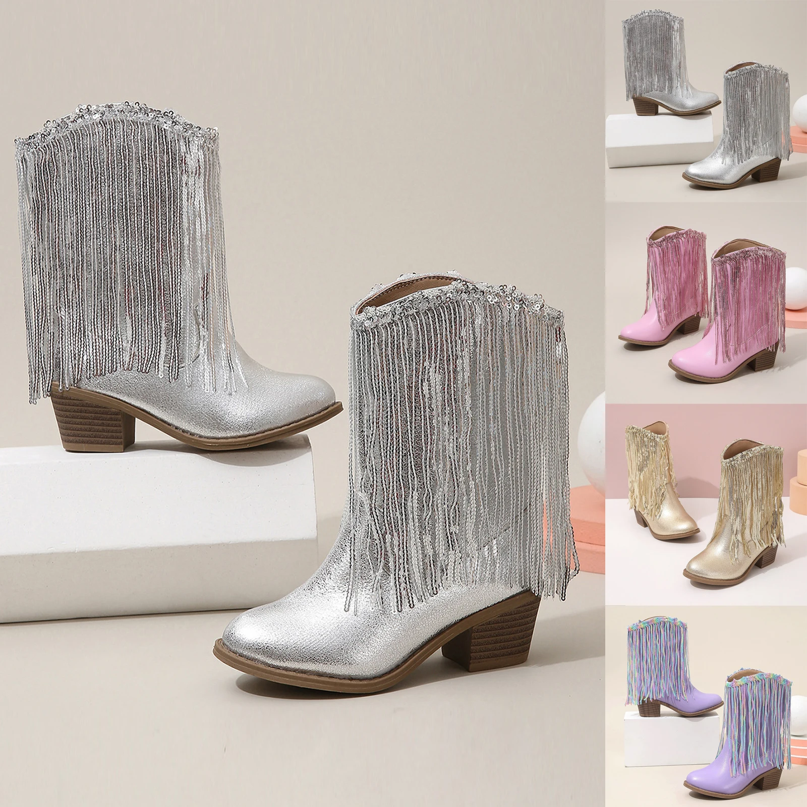 

Новые европейские и американские модные детские ковбойские сапоги в западном стиле, осенне-зимние детские сапоги с бахромой для трансграничной торговли