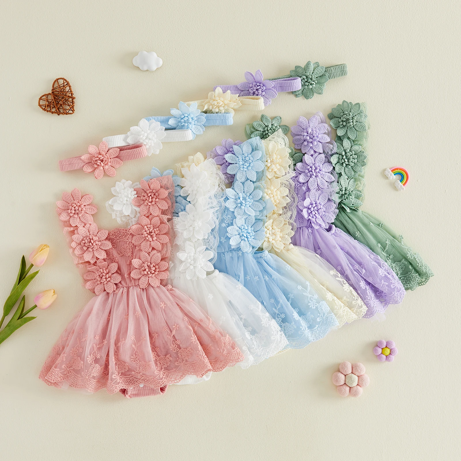 Baby Girl Princess Lace Romper Dress Summer Cute Flower Sleeveless Tulle Bodysuits Jumpsuit with Headband