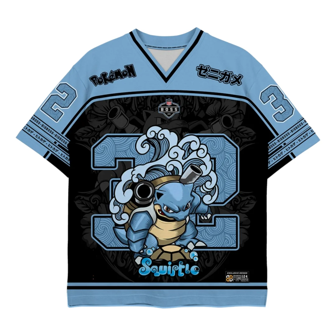 Bandai Squirtle America Football Style Pocket Monster Anime Print Oversized Jersey Adult Kids Athleisure T-Shirt Breathable Soft