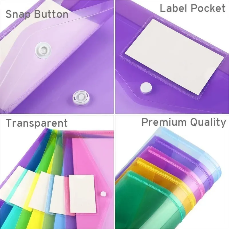 10pcs A4 Folders Plastic Envelopes Clear File Folder for Document Poly File with Label Pocket Snap Button for Office Organizer view 2