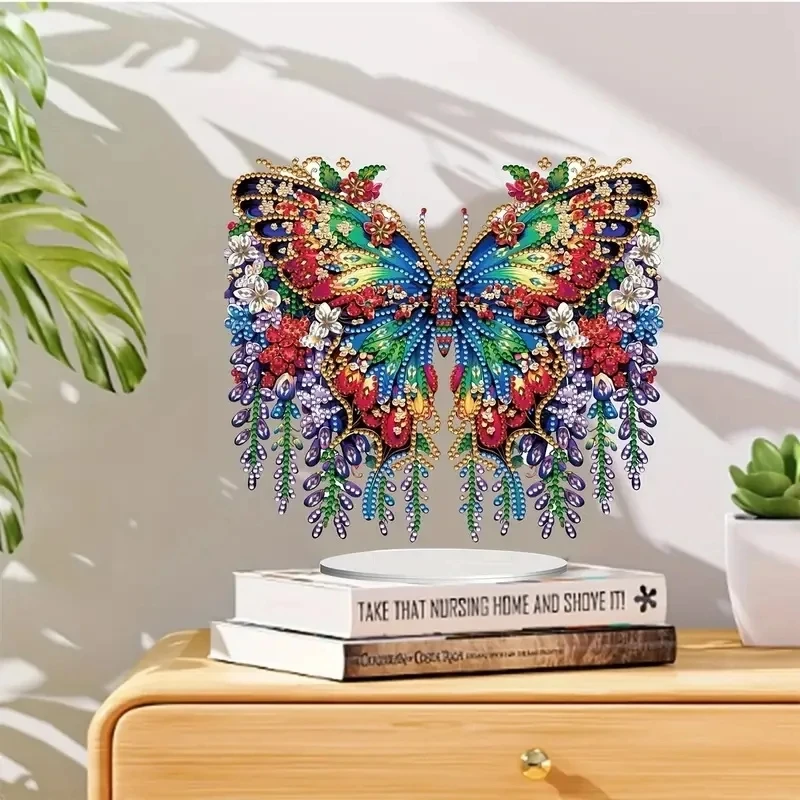 HOMFUN 5D DIY Diamond Painting Special Shape Drill Desk Ornament Butterfly Flower Embroidery Rhinestone Home Tabletop Decor Gift