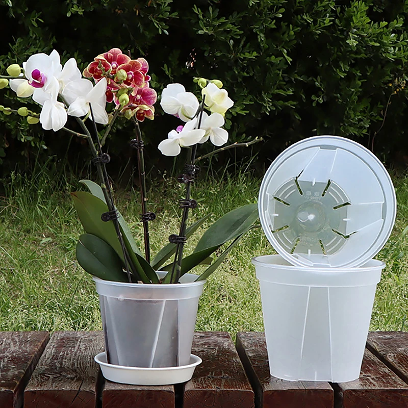 Clear Flower Pot Planter With Tray 10/12/14cm PP Transparent Flower Pot Orchid Pot With Holes For Home Office Desk Decoration